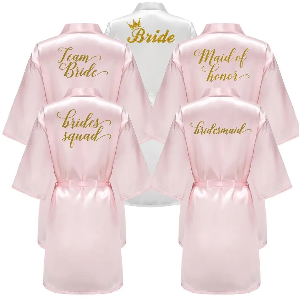 Wedding Party Bridesmaid Maid of Honor Robe With Gold Writing Letter Women Lady Pink Satin Bathrobe Kimono S-4XL