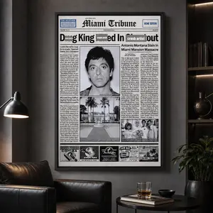 Pacino Tony Montana Newspaper Poster Print Scar Face Trendy Wall Art Canvas Collectible Gift for Movie Enthusiasts High-Quality Solid Wood Waterproof Design, Mafia Movie Poster, Gangster Canvas Wall Art, Man Cave Decor, Gift for Him, Office Decor