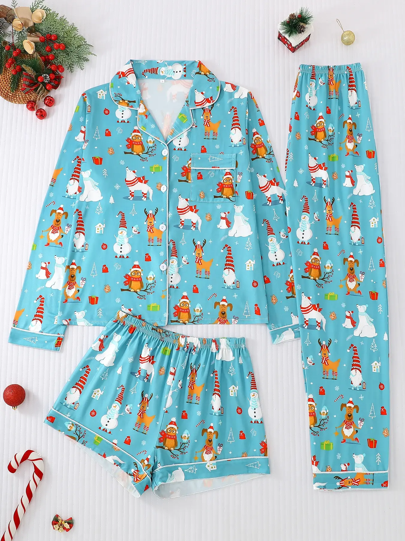 Women's 3-Piece Pajama Set, Long Sleeve Top & Pants, Christmas Cartoon Print, Casual Fitted Sleepwear for All Seasons
