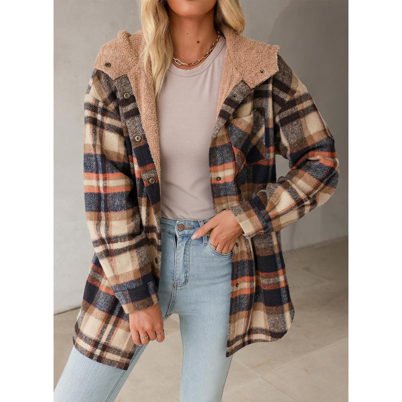 Women's Flannel Hooded Plaid Shacket - Button-Down Thick Fleece-Lined Fuzzy Winter Coat for Extreme Warmth