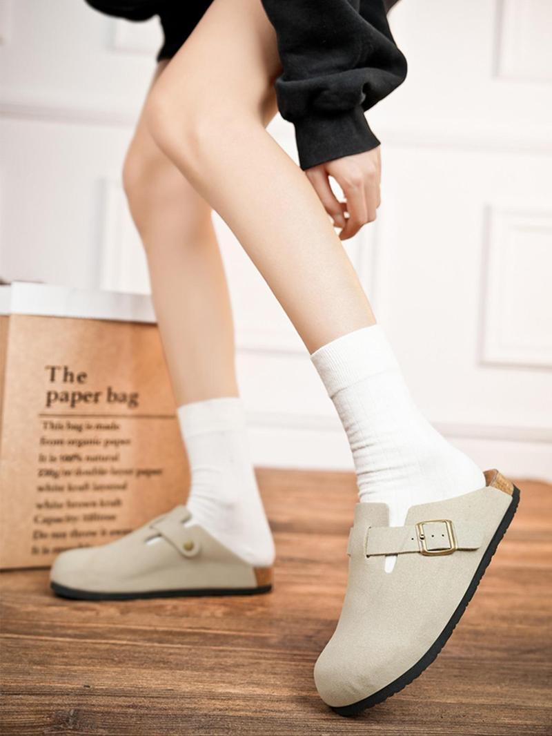 Unisex Cork Heel Clogs, Casual Comfortable Suede Fashion Slippers with Adjustable Buttons, Outdoor Slip-ons and Walking Shoes, Footwear, Flat Shoes, Minimalist Clogs