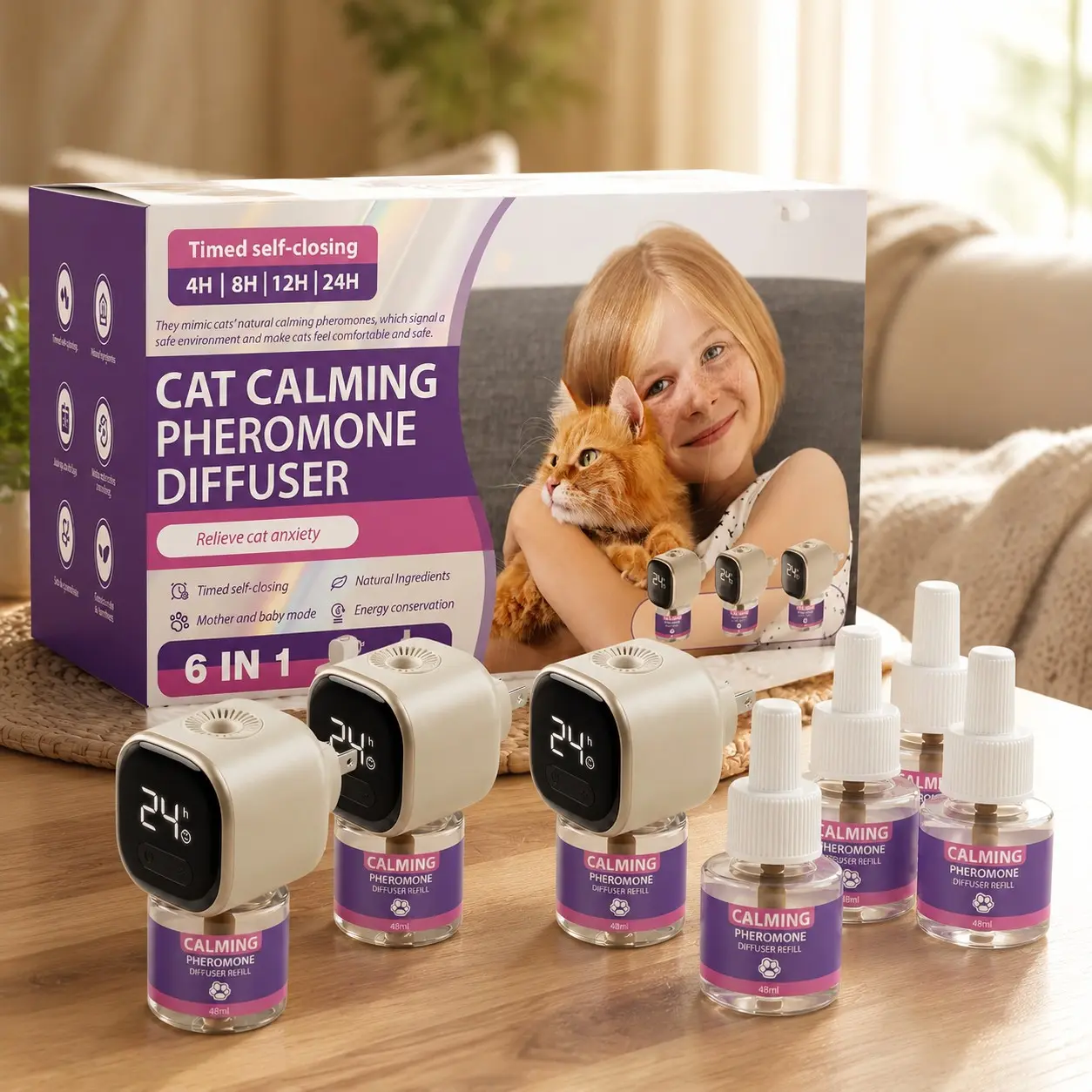 Cat Calming Diffuser Kit with Timer and Memory Adjustable 4/8/12/24H Cat Pheromone Diffuser 3-Pack (48ml Each) Helps Reduce Stress, Spraying, Fighting, Excessive Meowing & Scratching Fits All Cats