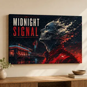 "Midnight Signal" Neon Noir Canvas Wall Art, Dark Aesthetic Retro Diner Print, Moody Red Black Skeleton Scene, Modern Living Room Bedroom Decor, Trendy Grunge Poster Gift,wall decor,poster.