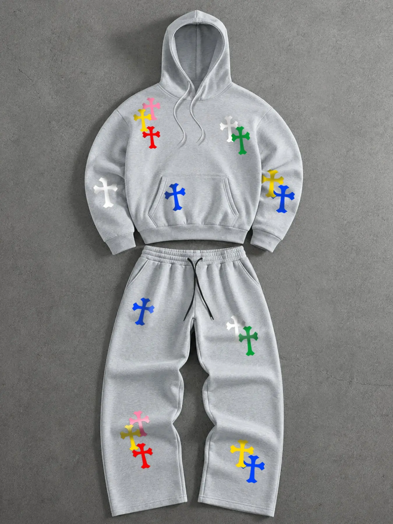 Grey Multi‑Color Cross Print Matching Set, Drawstring Hoodie & Wide‑Leg Floor‑Length Sweatpants 2‑Piece Outfit, American Alt Streetwear Tracksuit, Loose Unisex Autumn Winter Set, Matching Couple Outfit, Great For Holiday Gift & Photoshoot Look