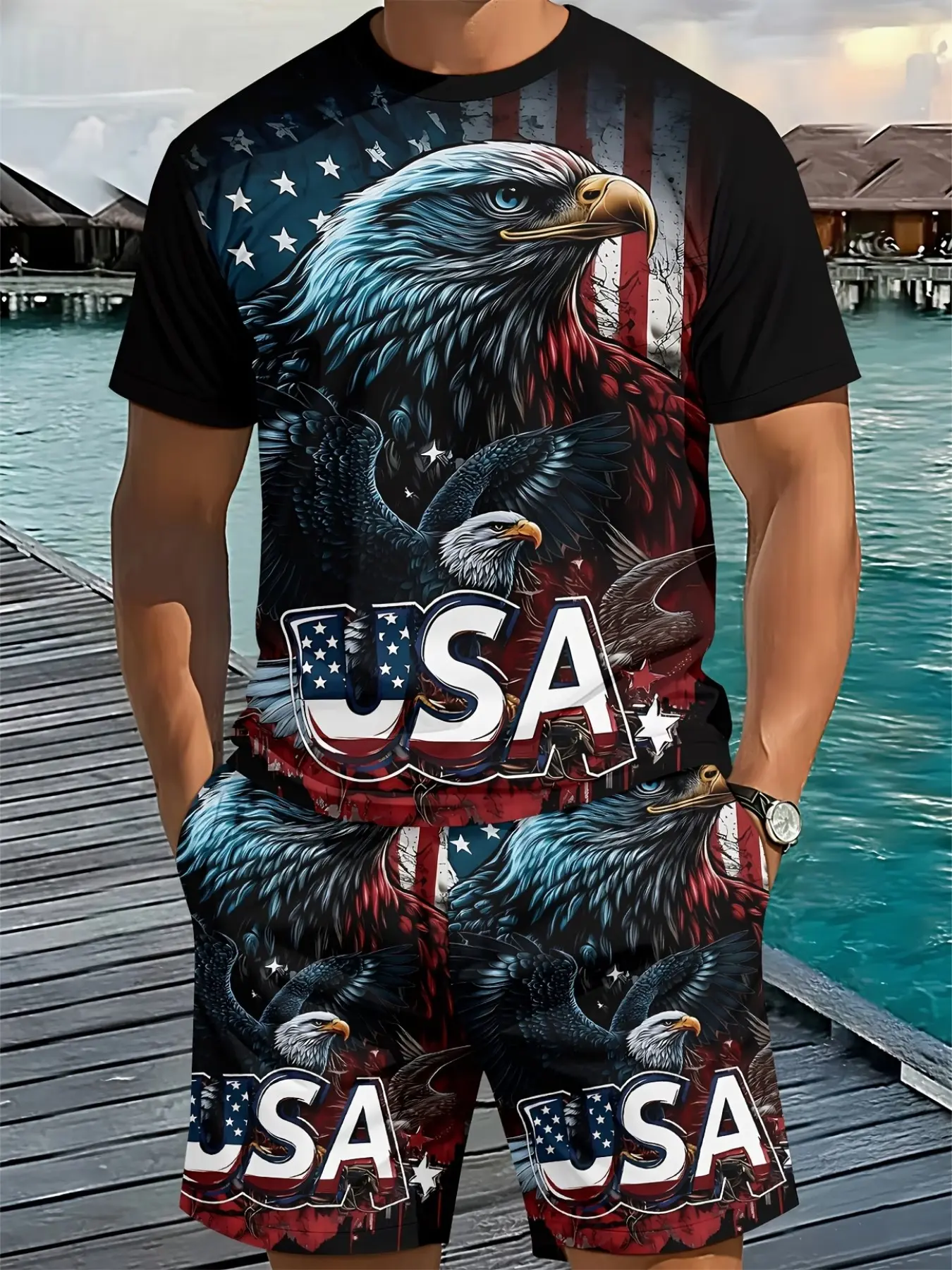 Men's 2-Piece Set 3D Digital Print Round Neck Short Sleeve, Dark Flag Bald Eagle 3D Print, Casual Summer Fashion Essential