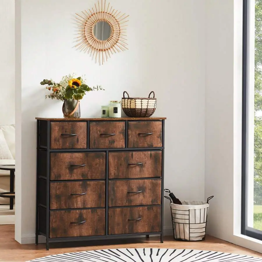 Dresser Bedroom With 9 Drawers Chest Tower With Easy Pull Bins, TV Stand Organizer Storage Living Room Closet Hallway, Wooden Top Sturdy Steel Frame Back To School Dormitory Storage