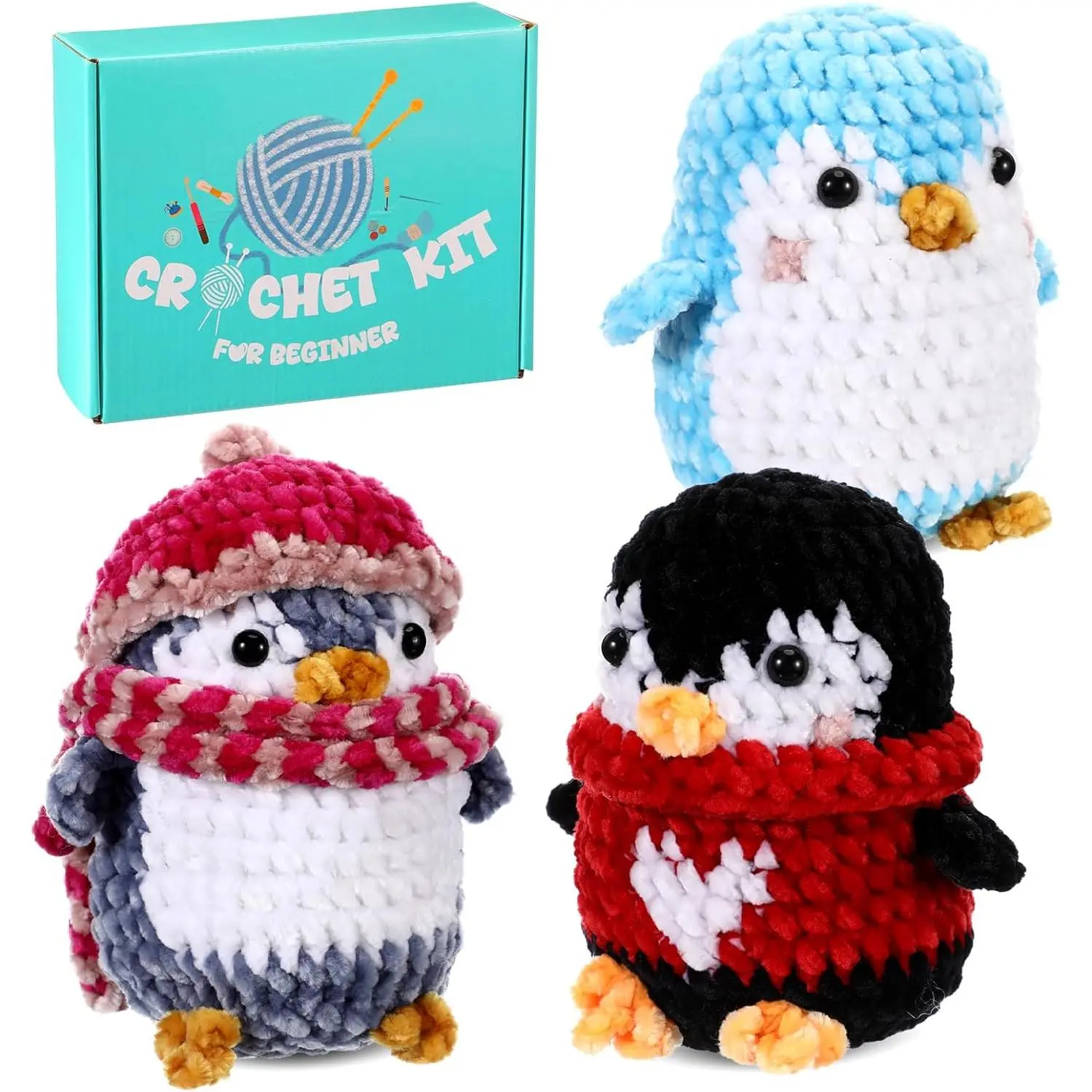 3 count Little Penguins Crochet Kit DIY Amigurumi Set Chenille Yarn Crochet Kit for Beginners with Complete Tools Step-by-Step  Craft  for Adults