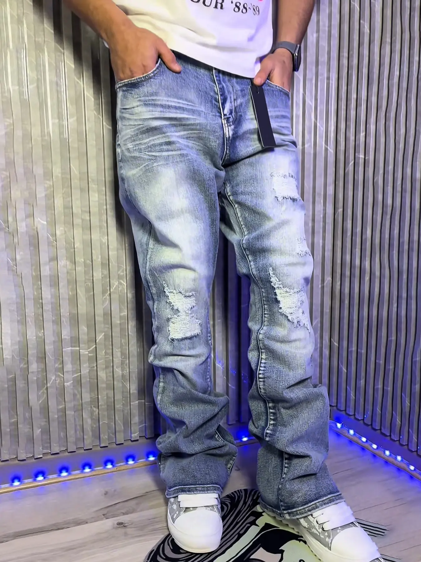 Men's Washed Blue Jeans, Slim-Fit Micro-Rise Denim, Button Fly, Solid Pattern, Y2K Style, All-Season Wear, Patchwork Design