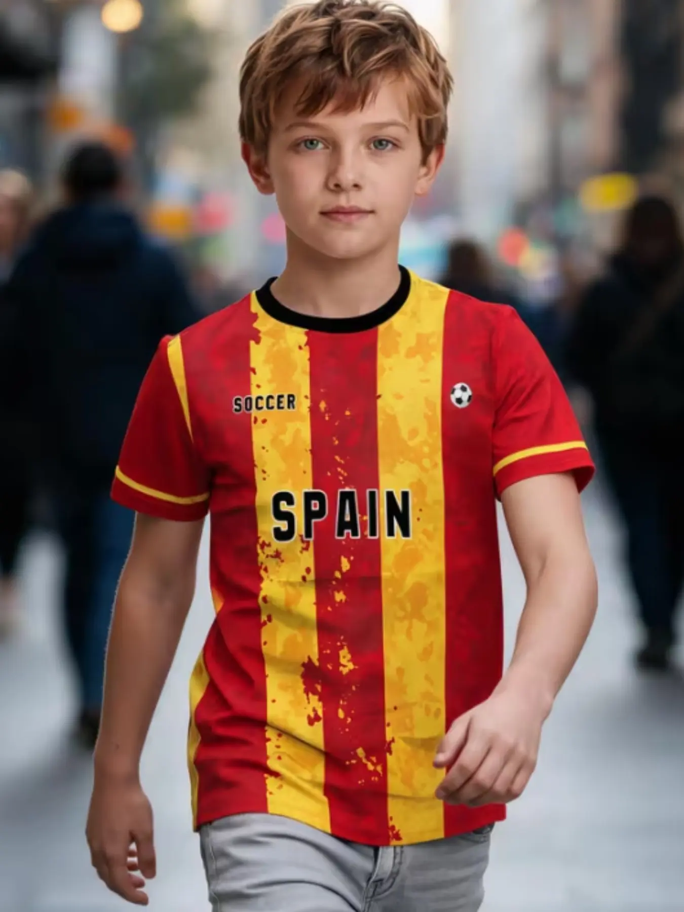 Boys' Spanish Vintage Vertical Stripes Soccer Jersey, Team Soccer Shirt, Border Round Neck Patriotic Style Short Sleeve Top