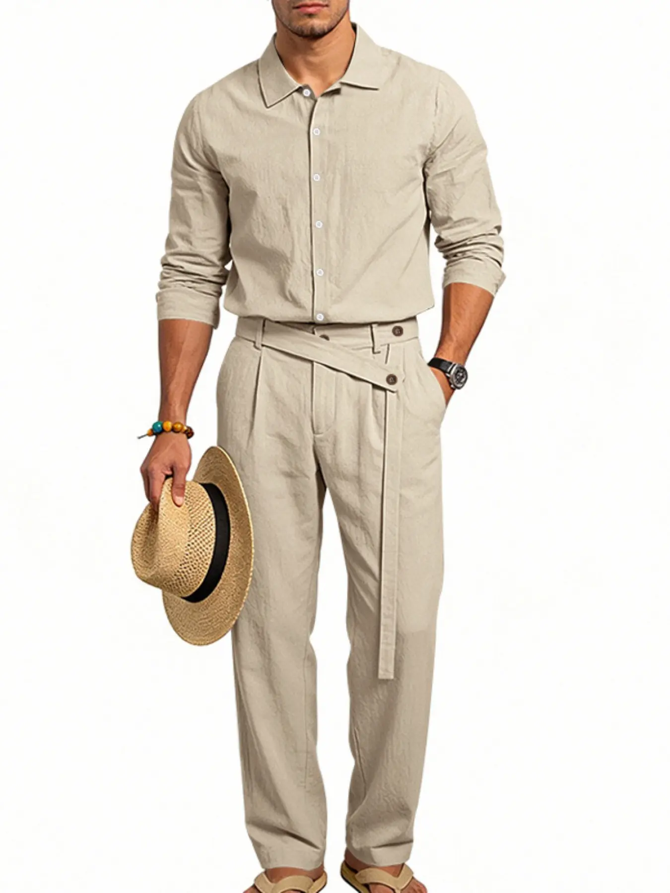 Men's Long Sleeve Linen Breathable Two-Piece Set, Collared Button-Down Shirt, High-Waisted Straight Leg Pants, Vacation, Casual Style