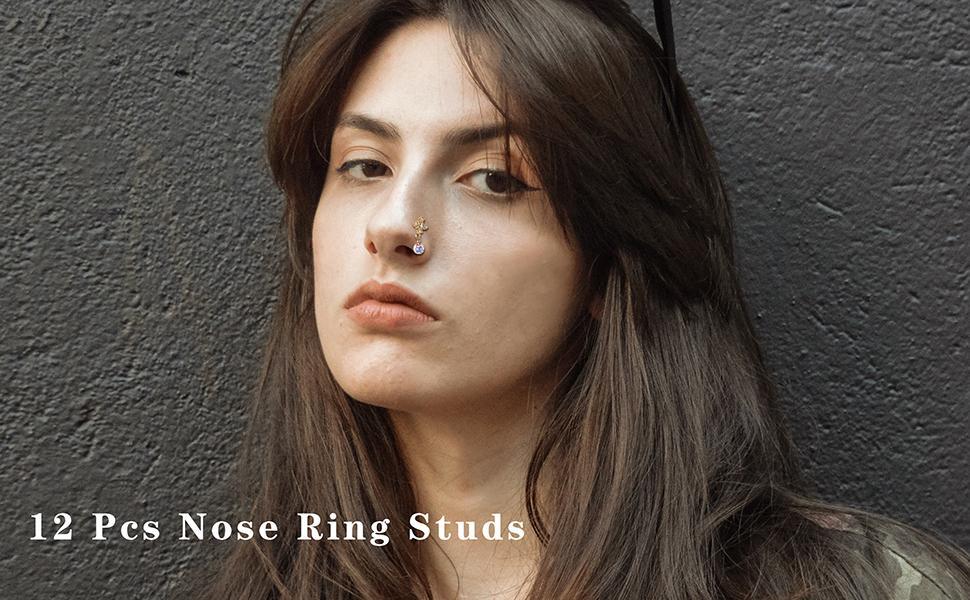 Jstyle 12 PCS 20G Nose Ring Dangle Nose Ring Nose Rings L Shaped Screw Studs Nose Rings Nose Studs For Women Stainless Steel CZ Heart Nose Ring Star Nose Piercing Daily
