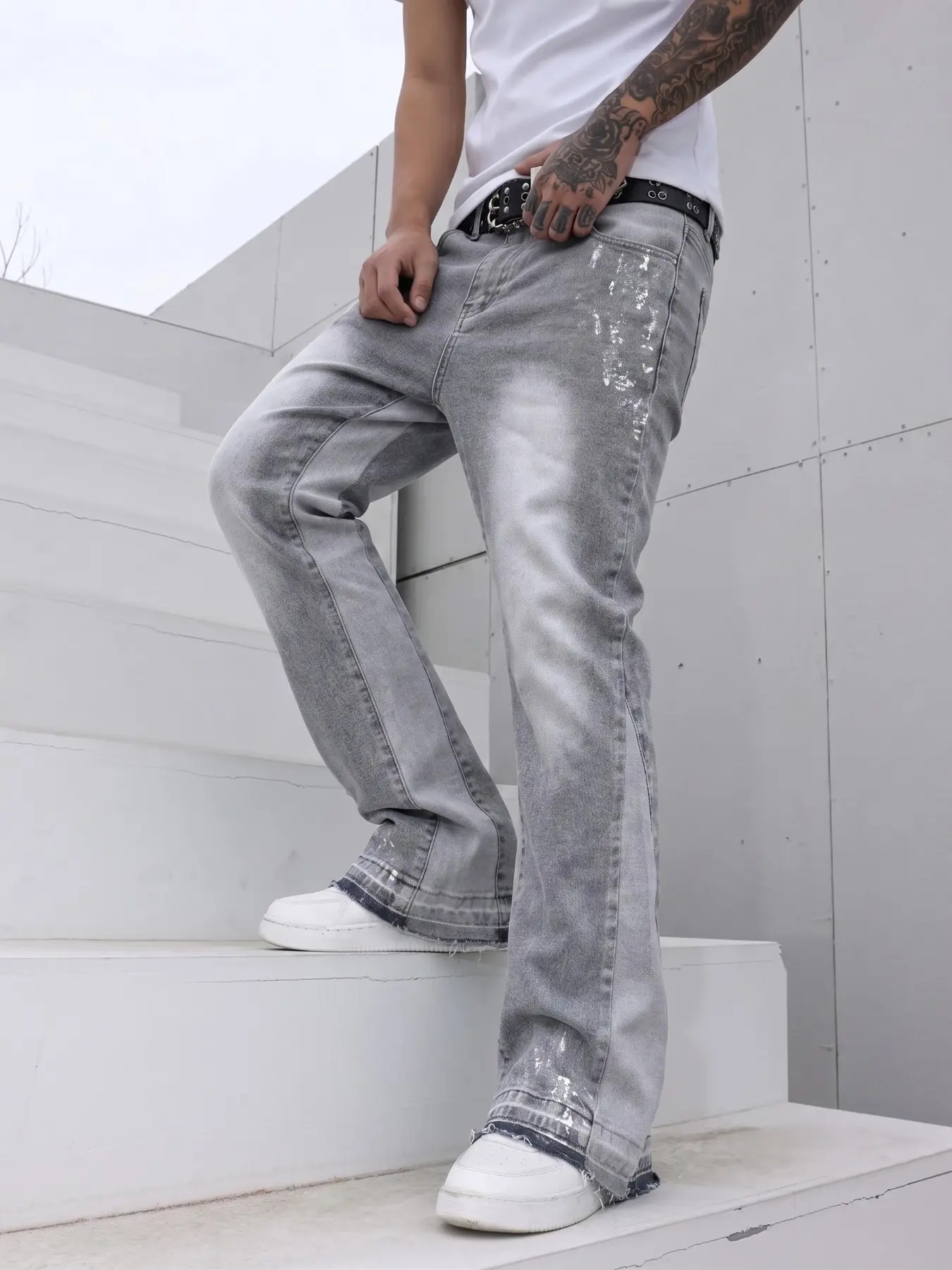 Men's Flare Jeans, Paint Splatter Print, Original Color Frayed Hem, Double Layered Bottom, Y2K Streetwear, Fitted Style
