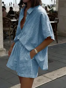 Vivina Women's Fashion Casual Vacation Set, Striped Linen-Style Collar Shirt, Elastic Waist Shorts, Two-Piece for Travel