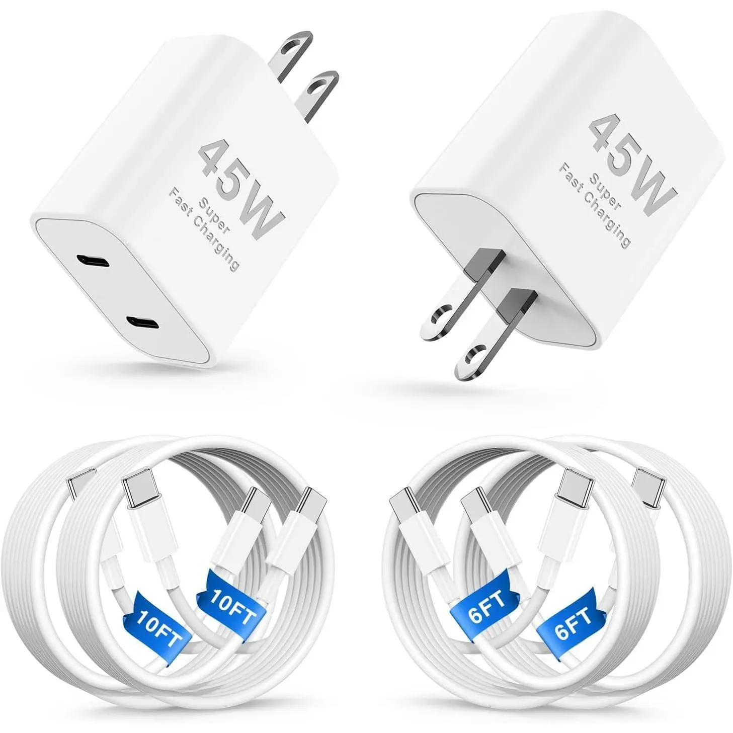 45W USB C Fast Charger 2 Pack, Dual USB C Wall Charger with 10FT &6FT USB C to USB C Cables, Fast Charging Power Adapter for iPhone 17/16/15,iPad, Samsung Galaxy, MacBook & More