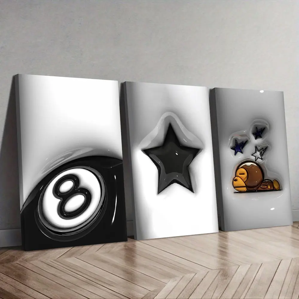 3pc Hypebeast Wall Art, Star and 8 Ball Poster, Street Pop Art, and Canvas, Framed, Perfect Gift for Billiards Lovers, Room Wall Art