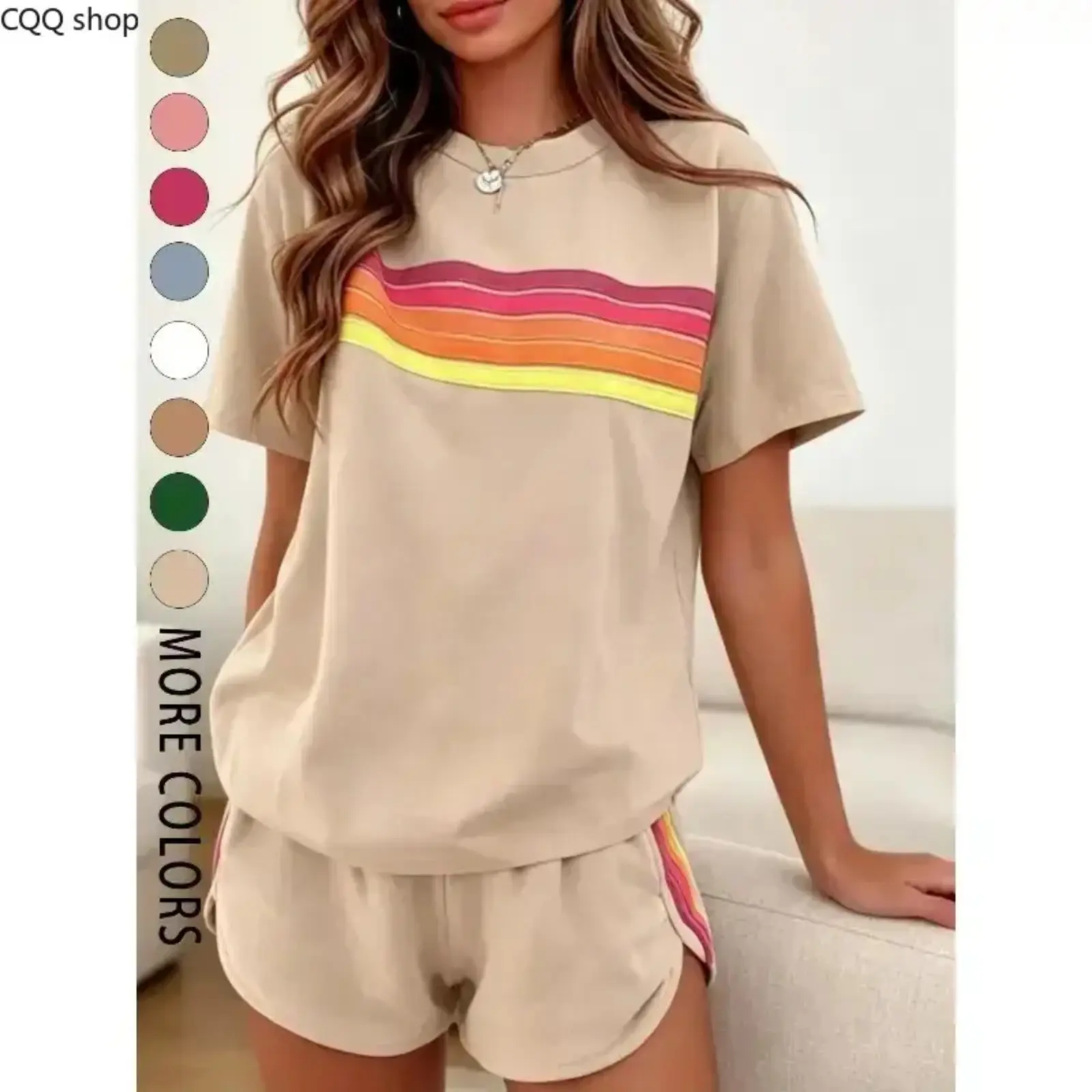 2026 Two-piece Women's Fashion Casual Sportswear Set, Athleisure Activewear Set, Sporty Comfy Breathable Womenswear, Rainbow Striped Design, Perfect for Summer Vacations, Indoor and Outdoor Wear Christmas Ghost Bogg Bag Charm