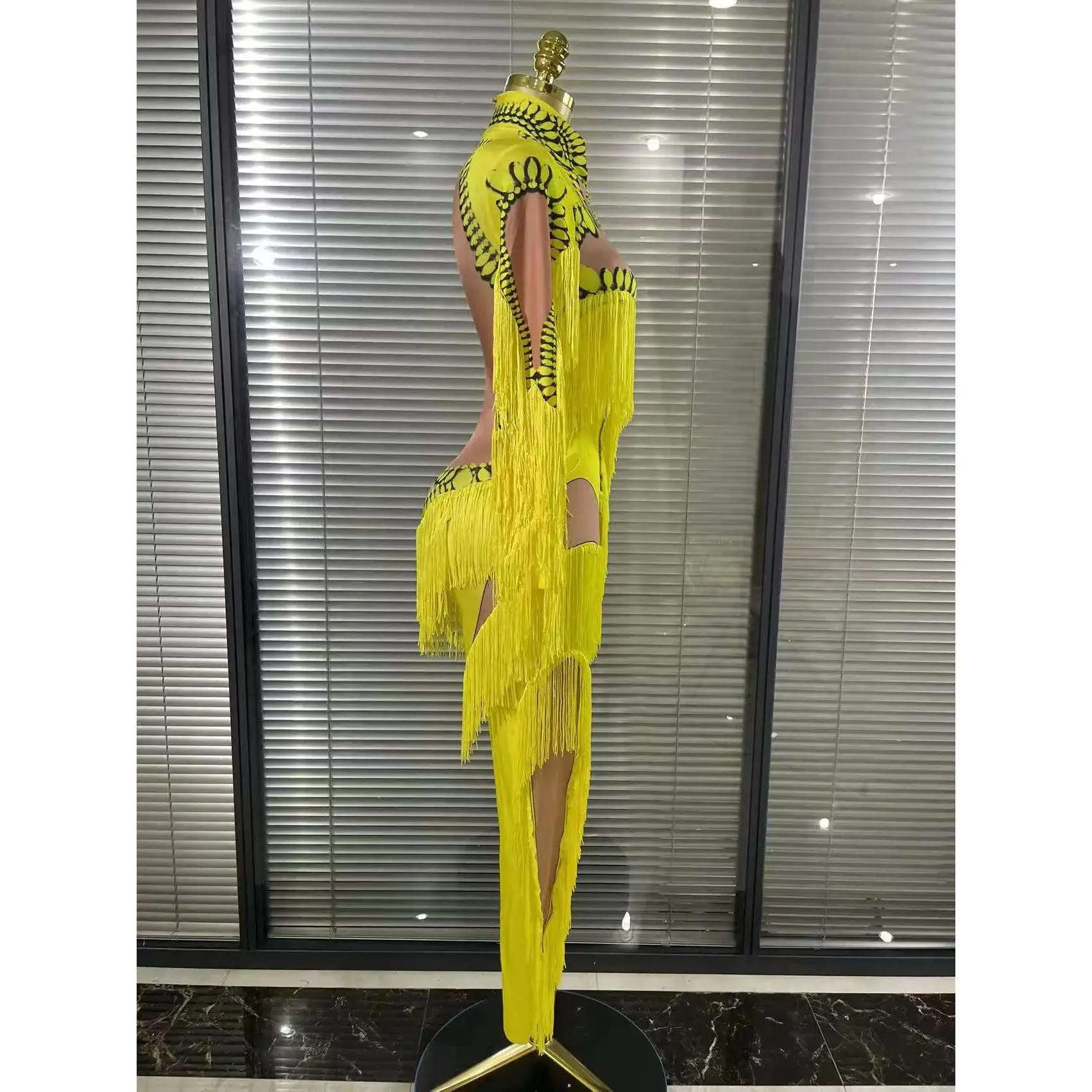 Yellow Tassel Jumpsuit Women Long Sleeve Spandex Skinny Fringe Leotard Sexy Stage Wear DJ Singer Dancer Party Show Costume