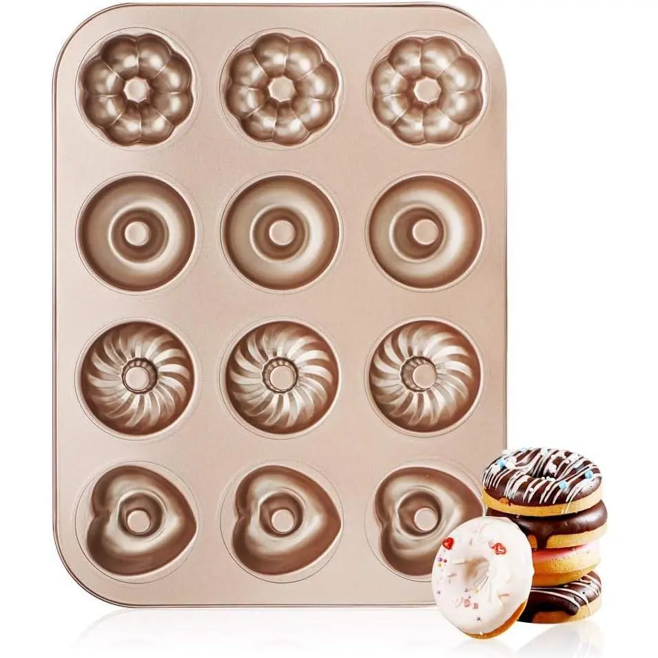 Beasea Donut Baking Pans, 1 Pack Nonstick Small Mini Doughnut Pans 12 Cavity Carbon Steel Bagel Oven Baking Tray Sheet
