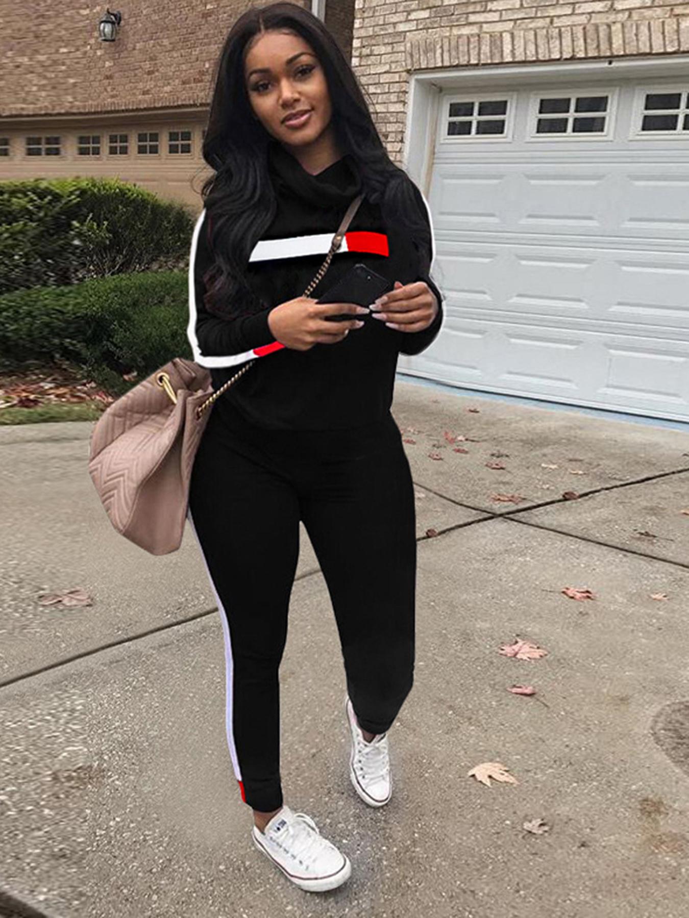 Women's Patchwork Jersey Sweatshirt & Pants Set, Casual Fitted Long Sleeve High Neck Pullover & Trousers, Women's Fall & Winter Clothes for Daily Wear, Womenswear