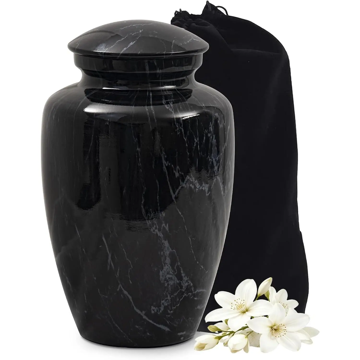 Large Black Marble Finish Urn for Ashes Adult Male Female | Large Cremation Urn for Human Ashes Men and Women,Memorial Urn for Dad/Father/Grandpa/Brother(Includes Velvet Bag)