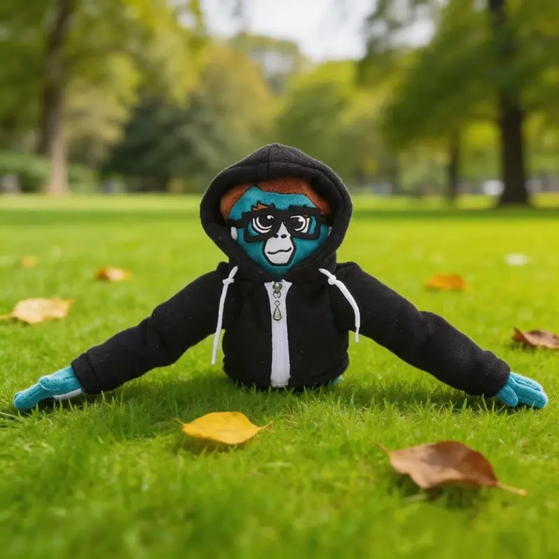 Turquoise Gorilla Stuffed Toy with Black Zip-Up Hoodie, White Drawstrings, Removable Black Glasses, Brown Hair, Adjustable Long Stretch Arms, Cartoon Facial Print, Lightweight Skater Style, Back to School Haul, Video Games Gift for Teen Boys Gamers, Stree