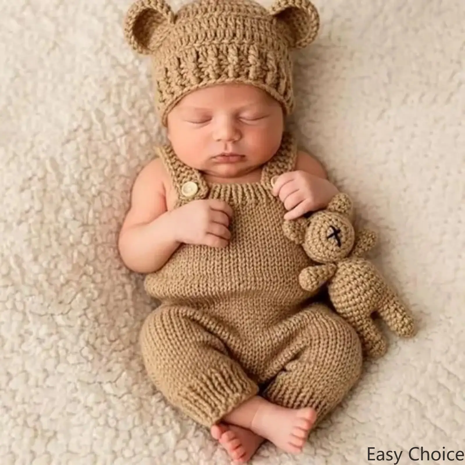3PCS Hand Knitted Bear Romper Outfit Set, Soft Handmade Knit Costume, Cute Bear Design Photography Clothing Photo Prop, Stylish Knit Outfit Set For Shooting Scene Decor, Ideal Practical Present Gift Set For Special Occasions