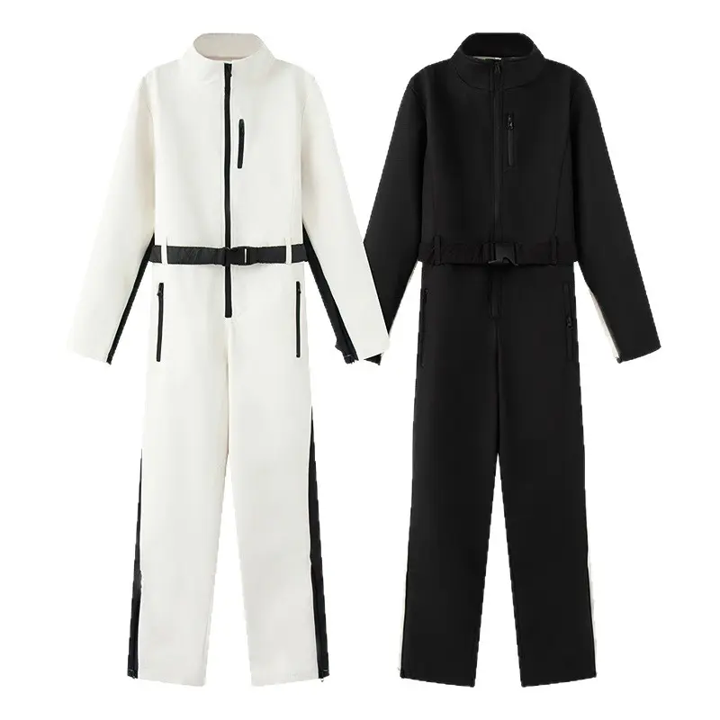 Solid High Neck Jumpsuit for Women, Elegant Long Sleeve Bodycon Windproof Ski Suit with Front Zipper for Fall Winter, Longsleeves, Lady, Clothes