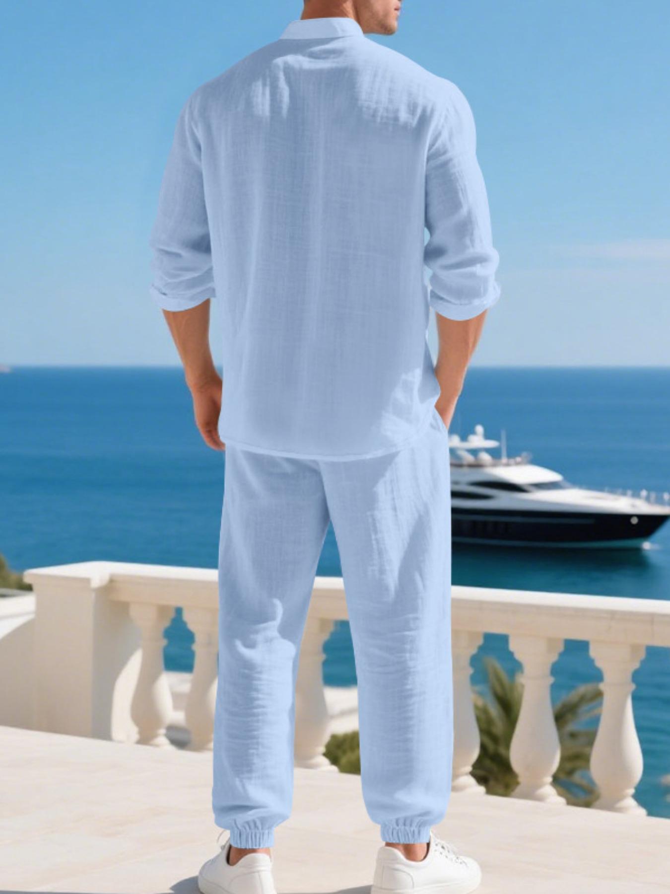 Men's Casual Long Sleeve Cuban Henley Shirt & Loose Pants Set, Beach Vacation, Comfortable Breathable Linen Fabric, Spring Summer Fashion