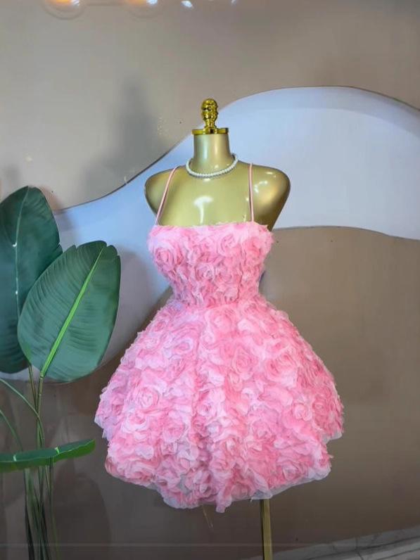 2026 Women's Sweet Strapless Rose Flower Bubble Short Dress Sleeveless Tube Top Waist-Cinching Dress