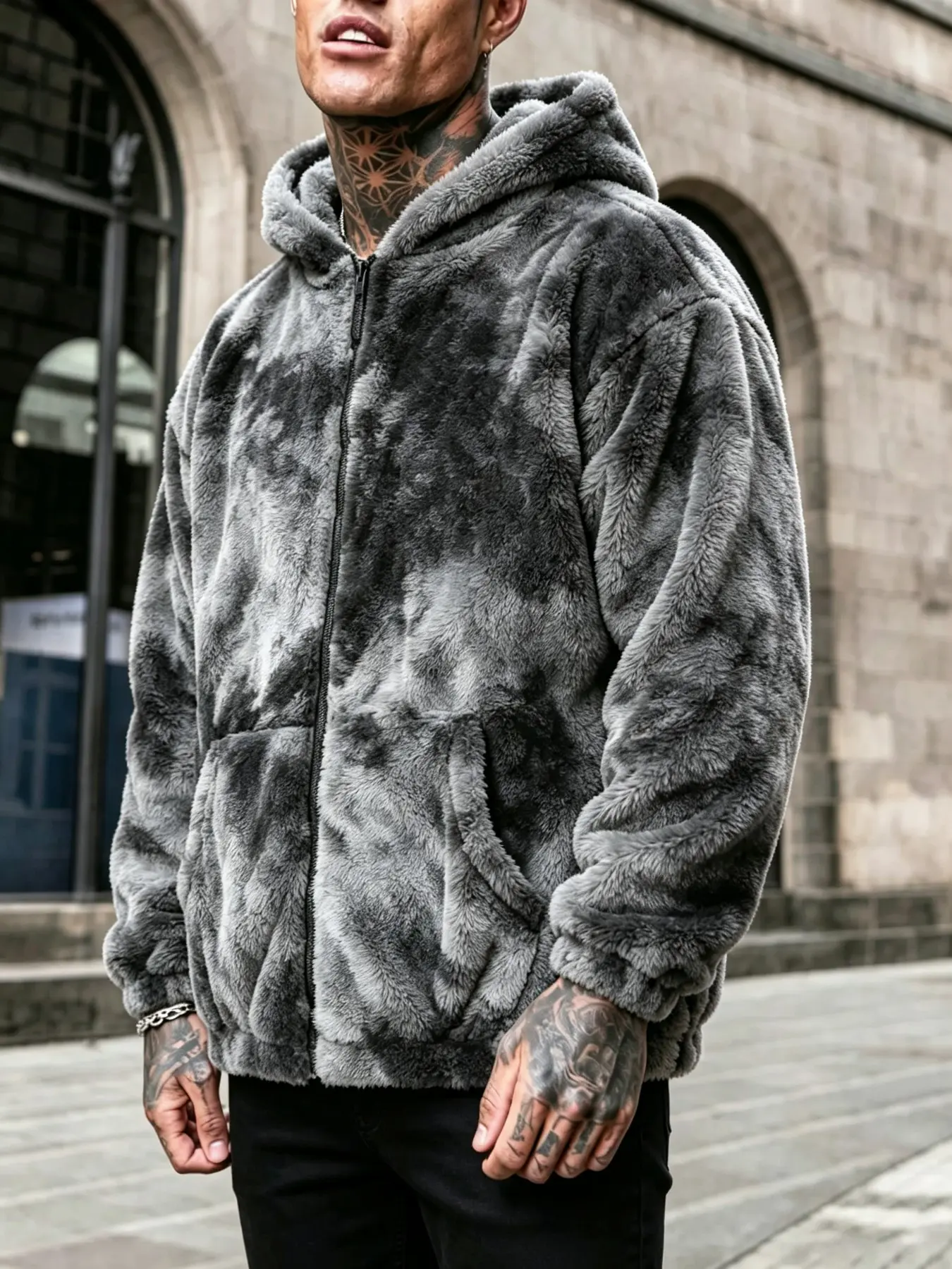 Men's Faux Fur Coat, Casual Loose-Fitting Graphic Jacket, Trendy Outerwear for Spring & Fall, Perfect for Parties and Festivals
