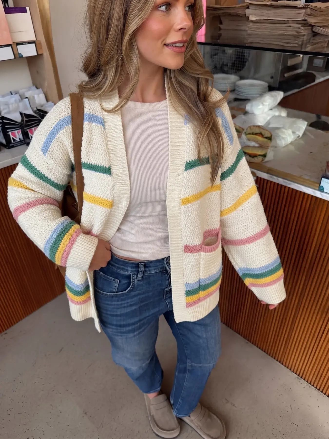 Women's Cardigan Coat, Elegant Colorful Stripes, Fall Winter 2026 Fashion, Perfect for Daily Outing, Travel
