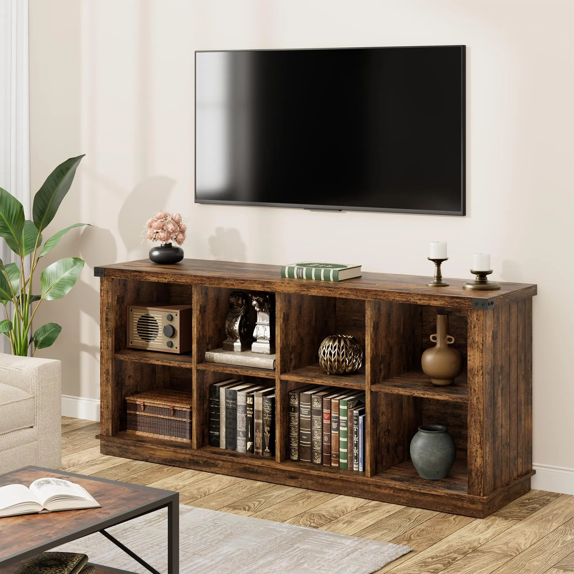62" Farmhouse Long Low Horizontal Bookcase, 2‑Tier 8‑Cube Freestanding Storage Unit, Rustic Wood Grain Finish with Metal Corner Guards, Open Shelves for Living Room, Entryway & Home Office