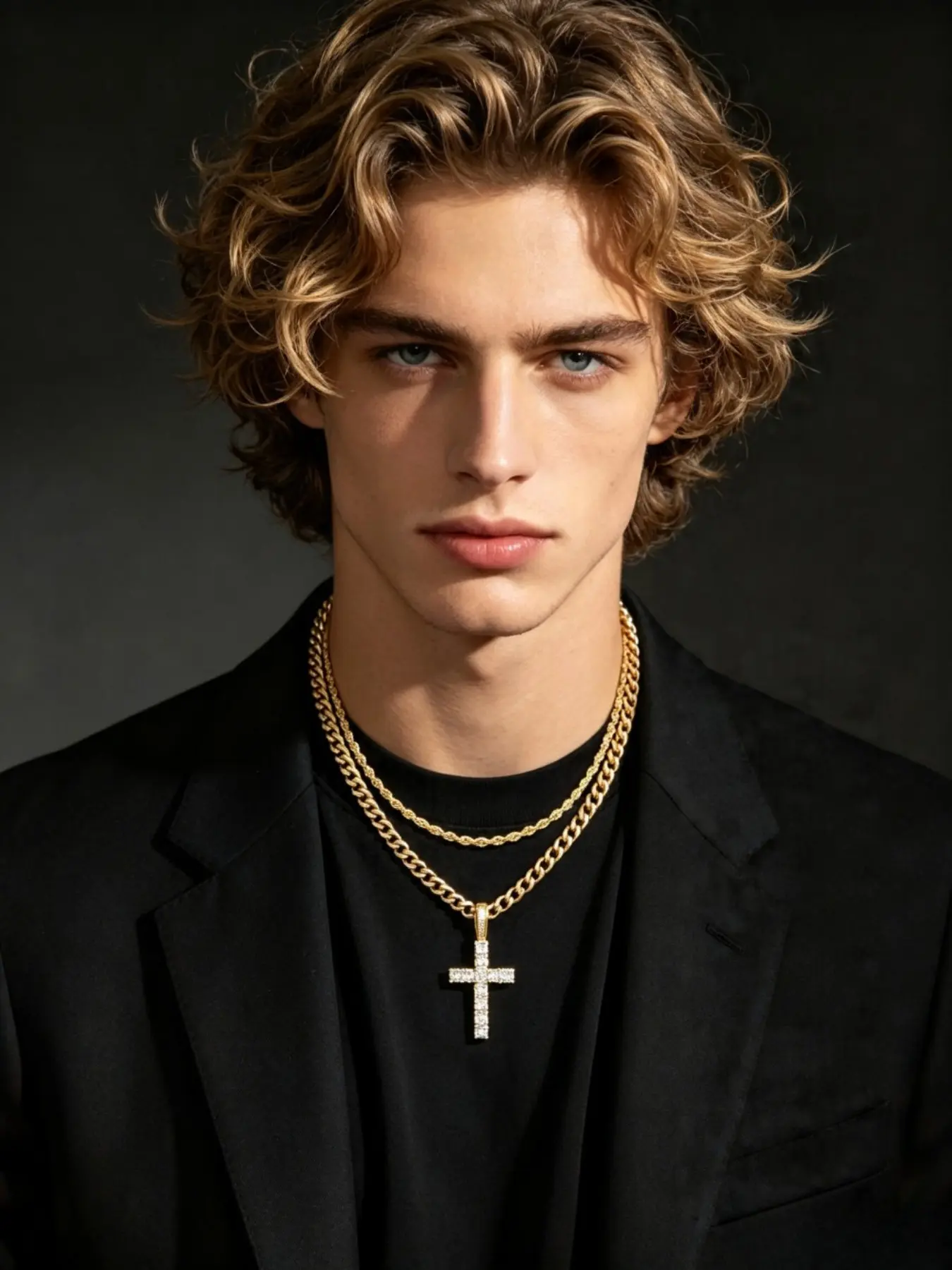 3pc High-End Double-Layer Cross Hip Hop Necklace Set, Micro-Zircon Cross Pendant, Thick and Thin Chains, Two-Piece Set