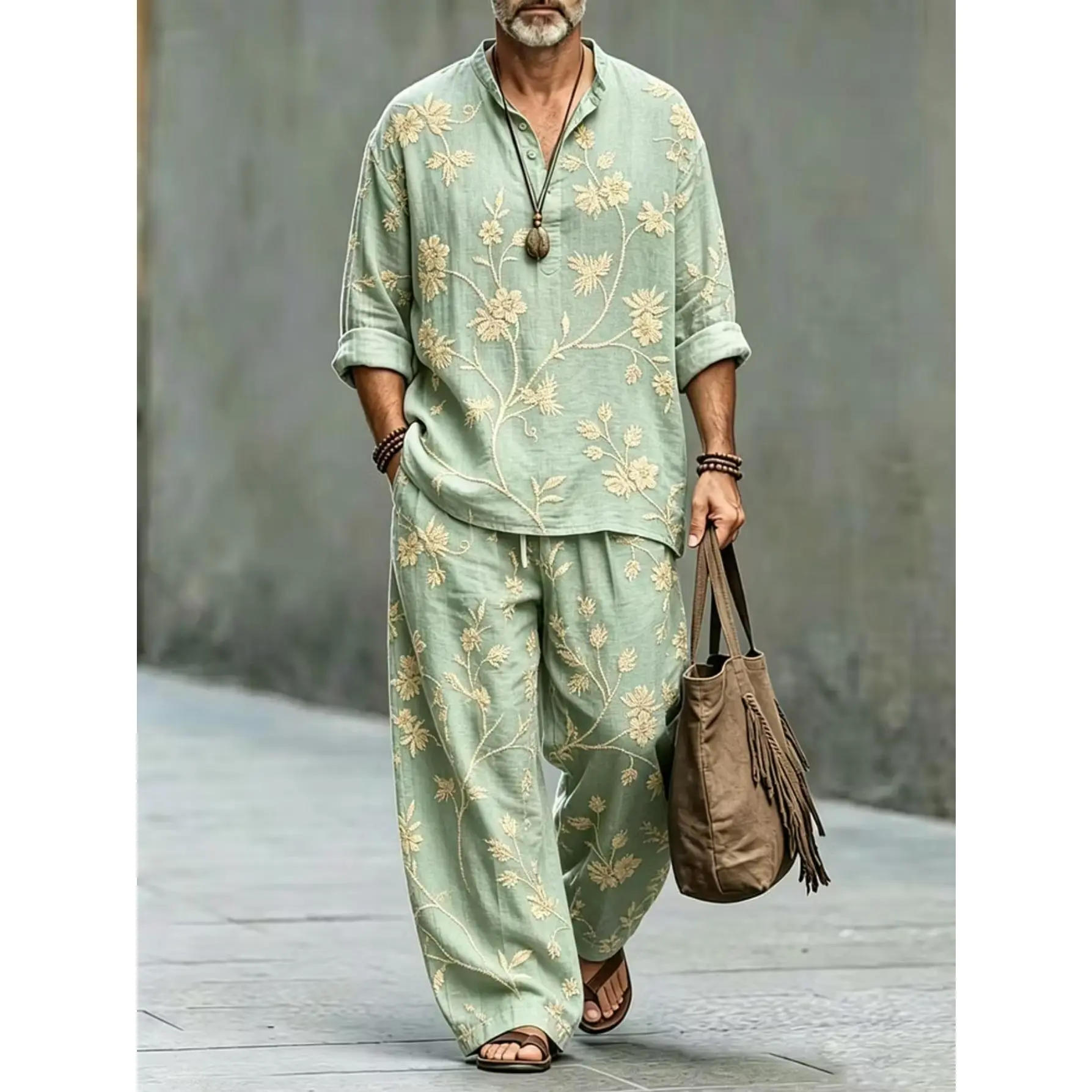 Men's Light Green Floral Print 2-Piece Bohemian Suit - Stand Collar Half-Button Long-Sleeve Shirt & Wide-Leg Pants, Vacation Outfit