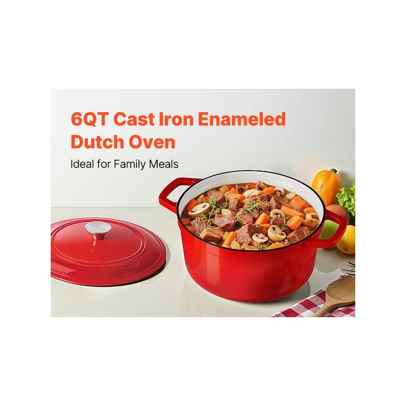 Summervibes VEVOR Enameled Cast Iron Dutch Oven, 6 Quart Pot with Lid and Dual Handles, Heavy-Duty Durable Cookware Pan, Oven Induction Compatible up to 500, for Braising, Stews, Roasting, Bread Baking, Red