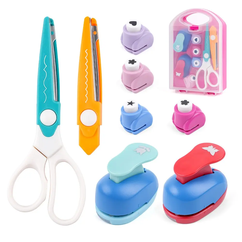 8pcs Paper Craft Punch and Decorative Edge Scissors Set with Carrying Case; Creative Shape Punches with Heart, Star, Butterfly and Floral Designs for Scrapbooking and Card Making