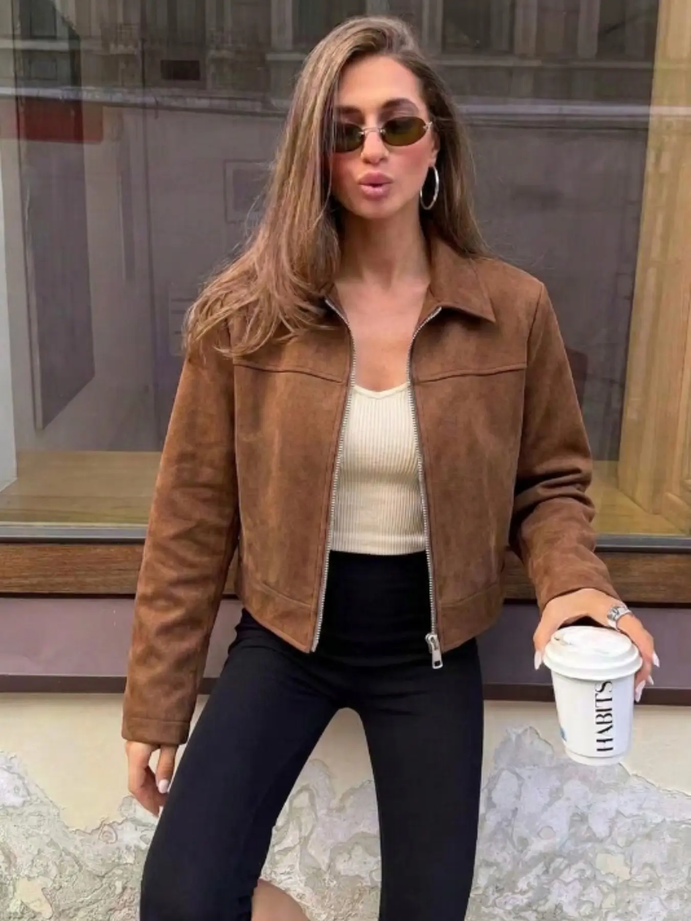 Women's Casual Solid Color Faux Suede Fleece Collar Zipper Short Jacket Coats, Spring Summer Fall Winter, Loose-Fit, All Seasons