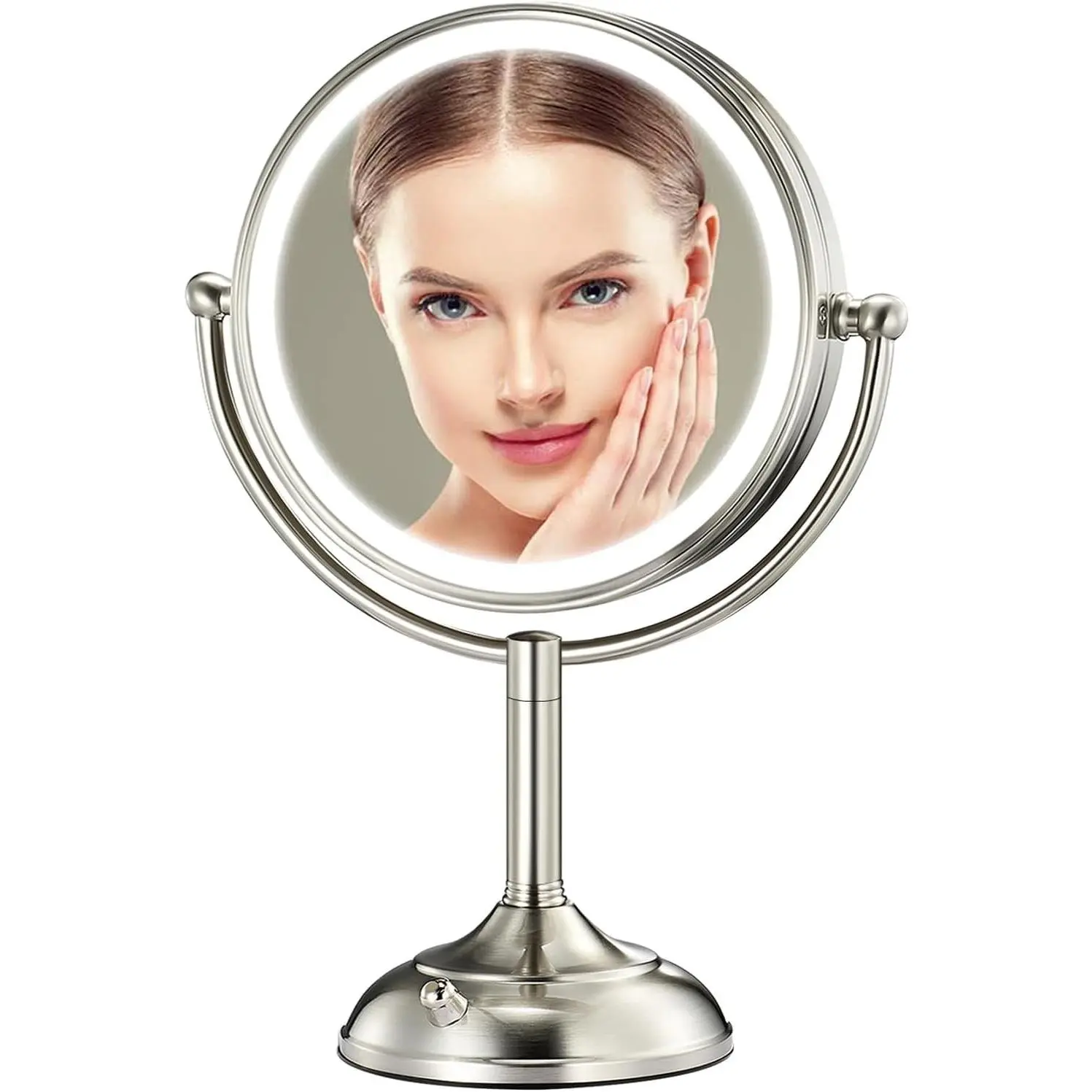 8.5" Large Lighted Professional Makeup Mirror 1X/10X True HD Magnifying 3 Color Dimmable 90 Shadowless LEDs 360°Swivel Seamless Vanity Mirror Pearl Nickel