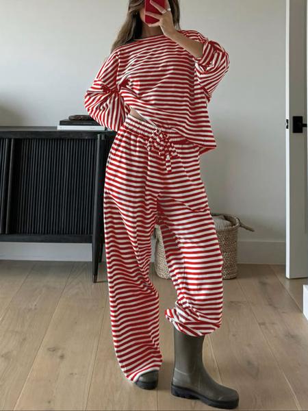 Women's Casual Striped Long Sleeve Top & Pants Set, Comfortable Loose-Fitting Home Wear, Fashionable Two-Piece for Daily Use