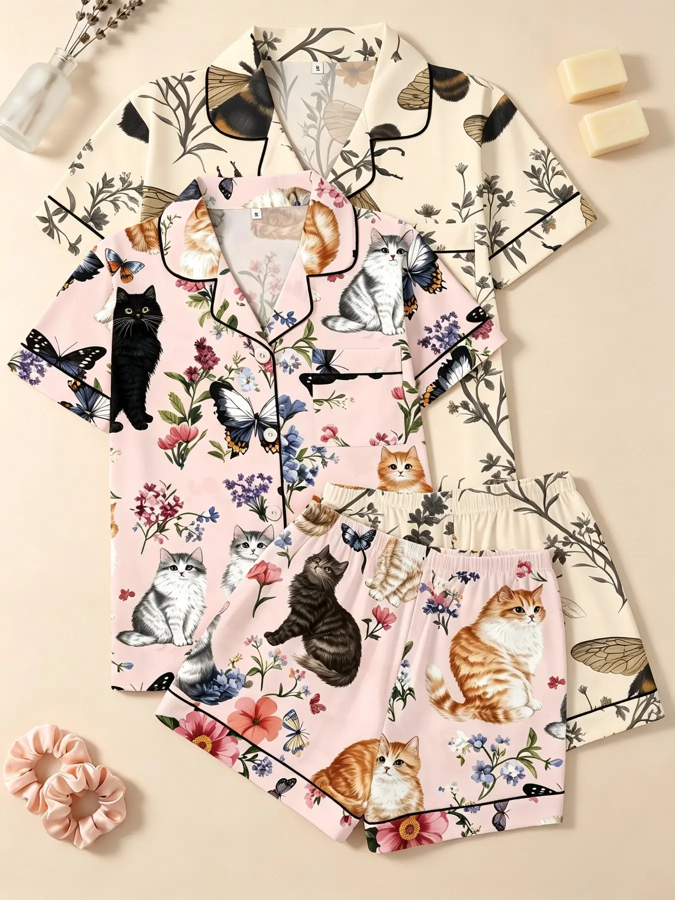 2 Pack Women's Pajamas Sets Cottagecore Aesthetic Bohemian Cute Cat Butterfly Floral Print Summer Short Sleeve Button Down Notch Collar Top Shorts Soft Silky Cozy Vintage Botanical Relaxed Fit Sleepwear Loungewear Gentle Nightwear for Cozy Home Daily Wear