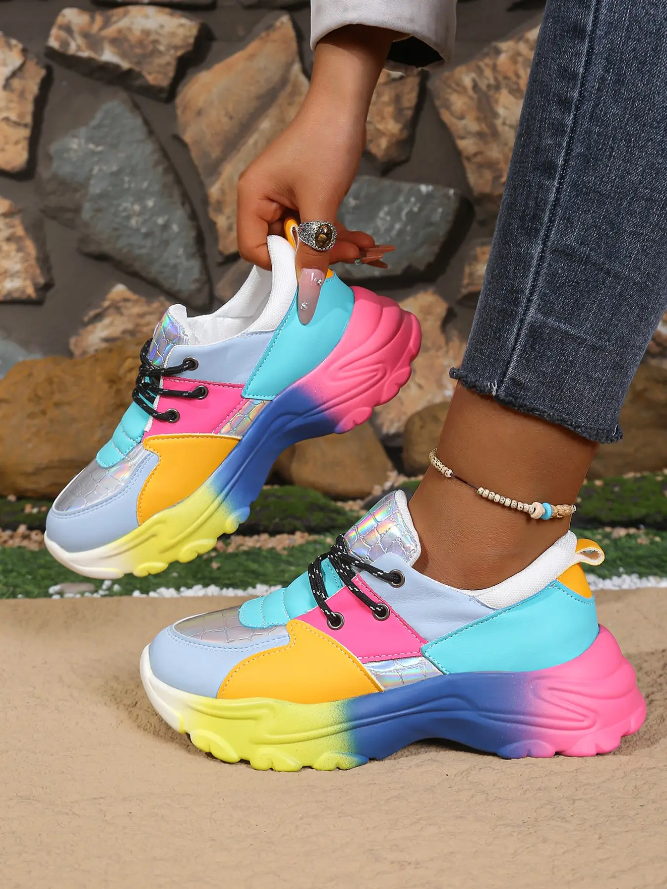 Y2K Iridescent Mesh Patchwork Dad Sneakers, Leopard Print Accent Lace Up Casual Shoes, Chunky Gradient Serrated Thick Sole Streetwear Trainers, Breathable Lightweight Women Walking Footwear