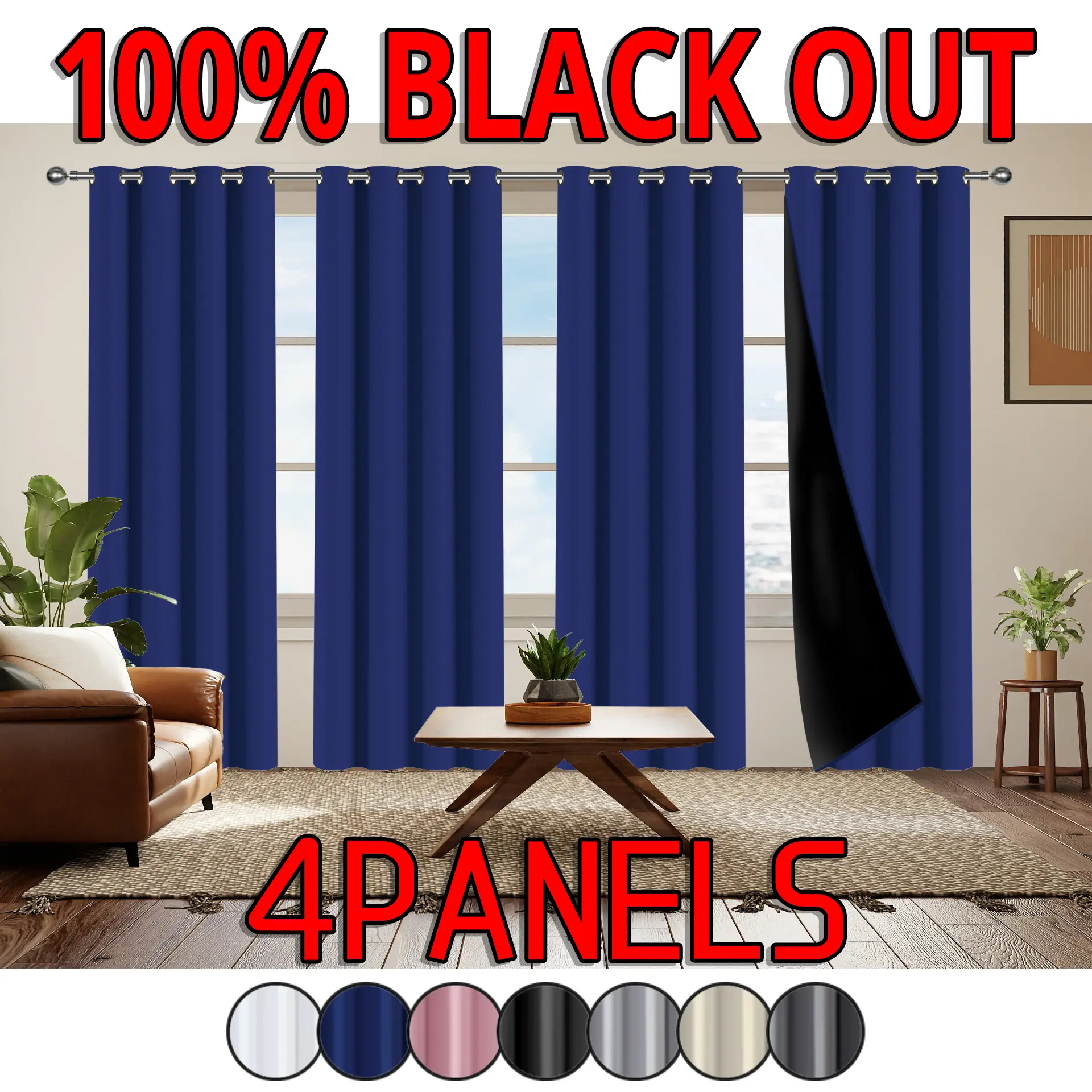 4 pieces of 100% blackout, heat-insulating, and noise reducing curtains, made of polyester material with film coating technology, with perforated hanging on the top, suitable for decorative occasions such as bedrooms, living rooms, offices, kitchens, balc