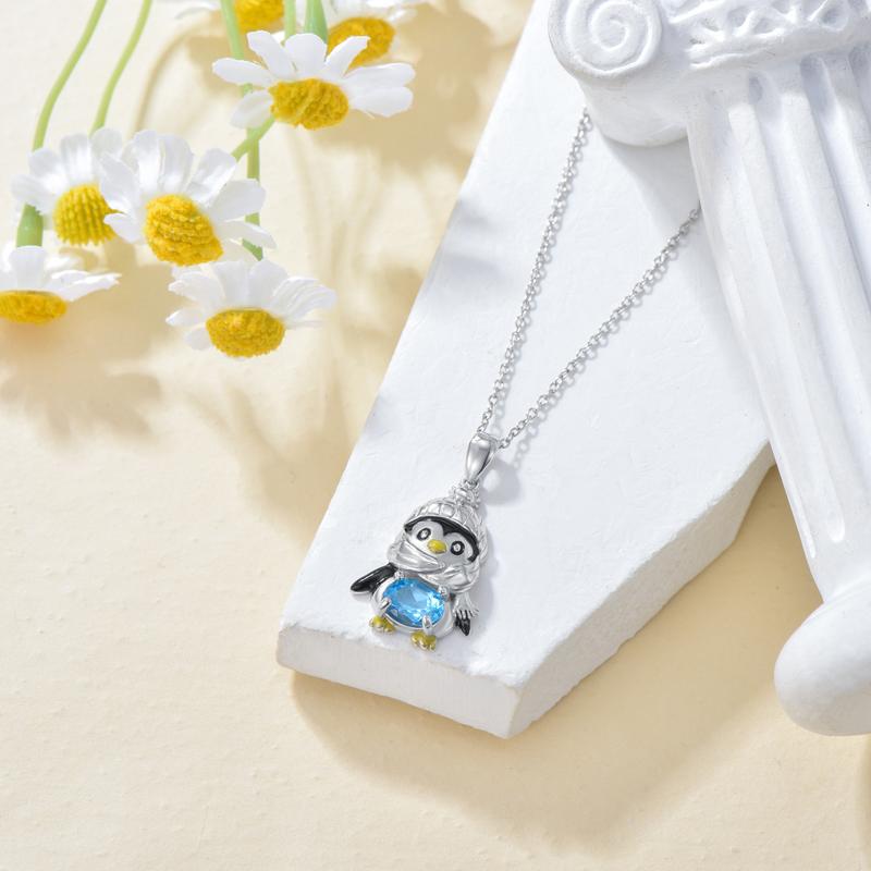 Penguin Necklace for Women 925 Sterling Silver Genuine Swiss Blue Topaz Lovely Ocean Sea Animal Pendant Ladies Jewelry Easter Birthday Gifts for Mother