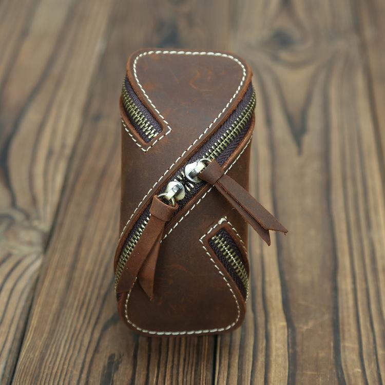 Men’s & Women’s Leather Key Bag, Retro Crazy Horse Leather Zipper Wallet for Car Keys, Card Holder, Stylish Key Organizer, Multi-purpose Keychain for Daily Use, Travel, Gifts