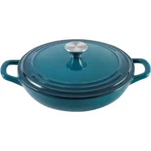 Enameled Cast Iron Braiser 2.25 qt Braiser Pan with Lid DarkCyan Shallow Cast Iron Casserole Braiser Pan with Handels
