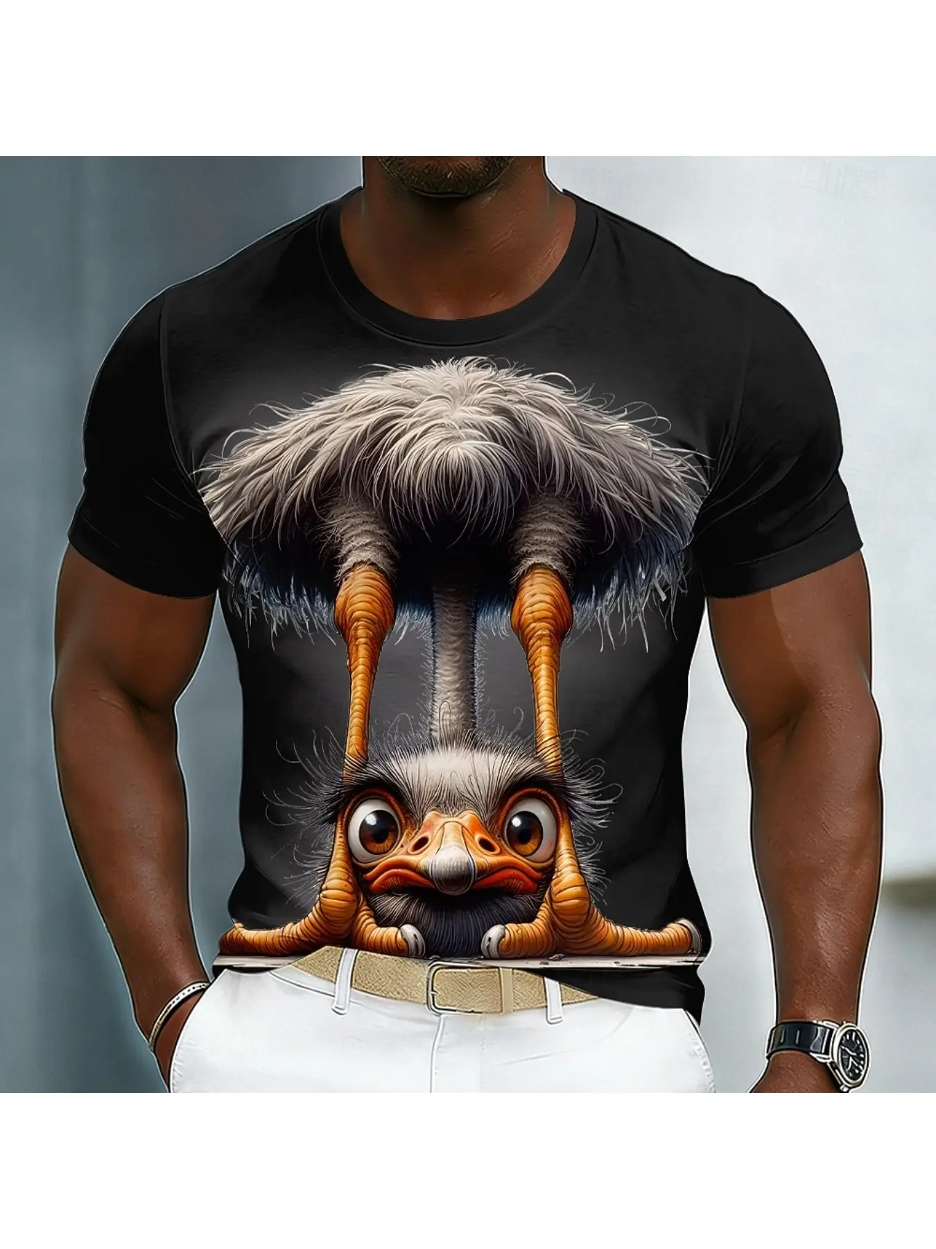 Men's Trendy Crew Neck Short-Sleeve T-Shirt with Creative Upside-Down Ostrich 3D Graphic Print