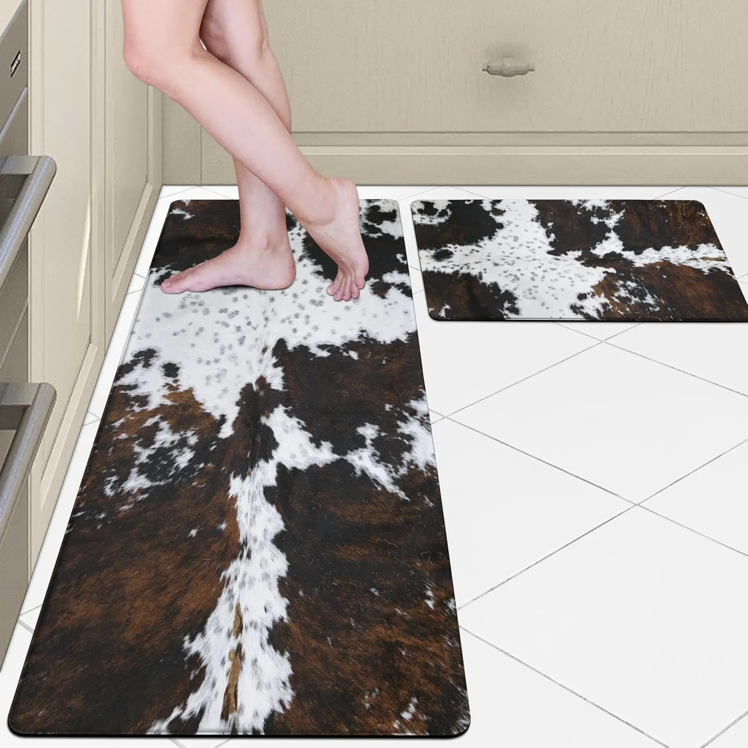 Rugs and Mats Set of 2 Decor Anti Fatigue Cushioned Cow Rugs Sets Non Slip Waterproof Mats for Sink Laundry (Black Brown, 17.5"x29.5"+17.5"x47")