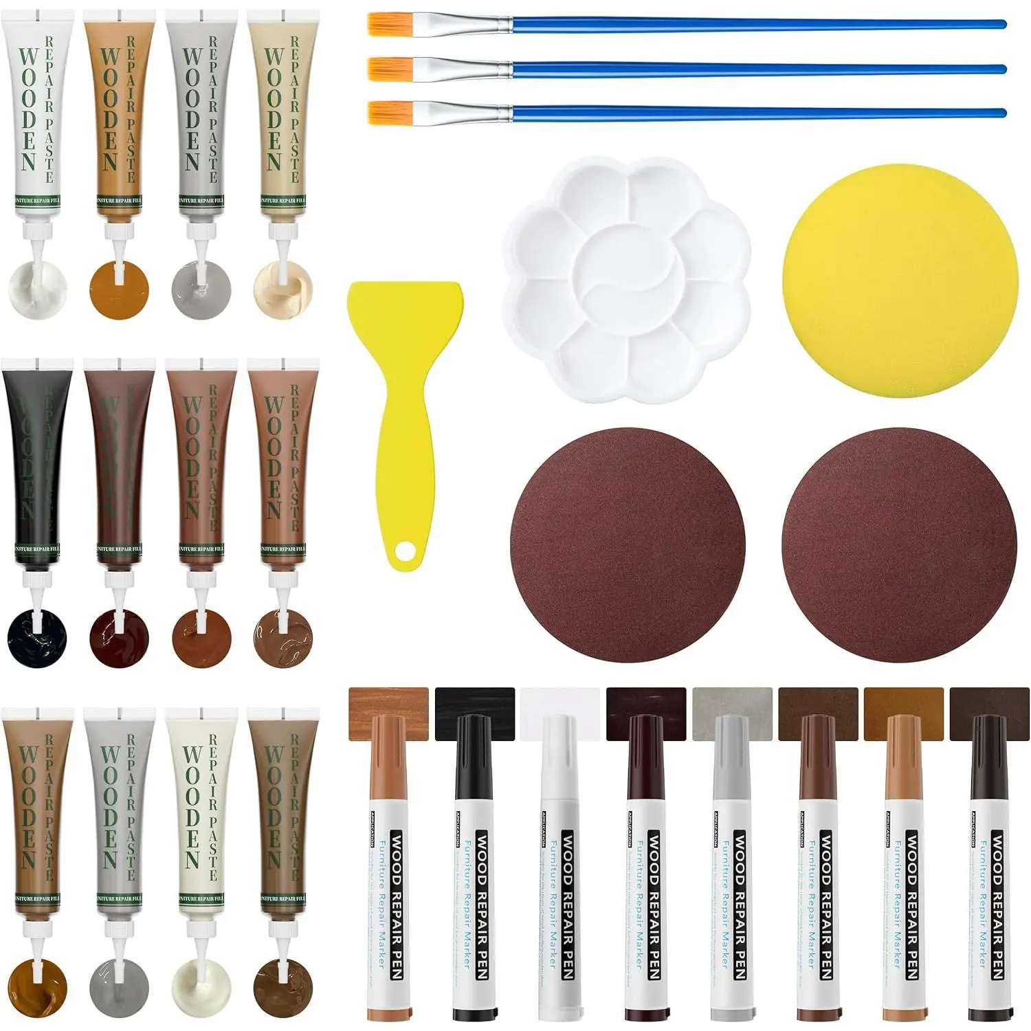 Wood Repair Kit: 12-Color Wood Filler and 8-Color Furniture Markers Touch Up for Scratches/Holes/Stains/Cracks in Floors/Table/Cabinets(Laminate/Hardwood)