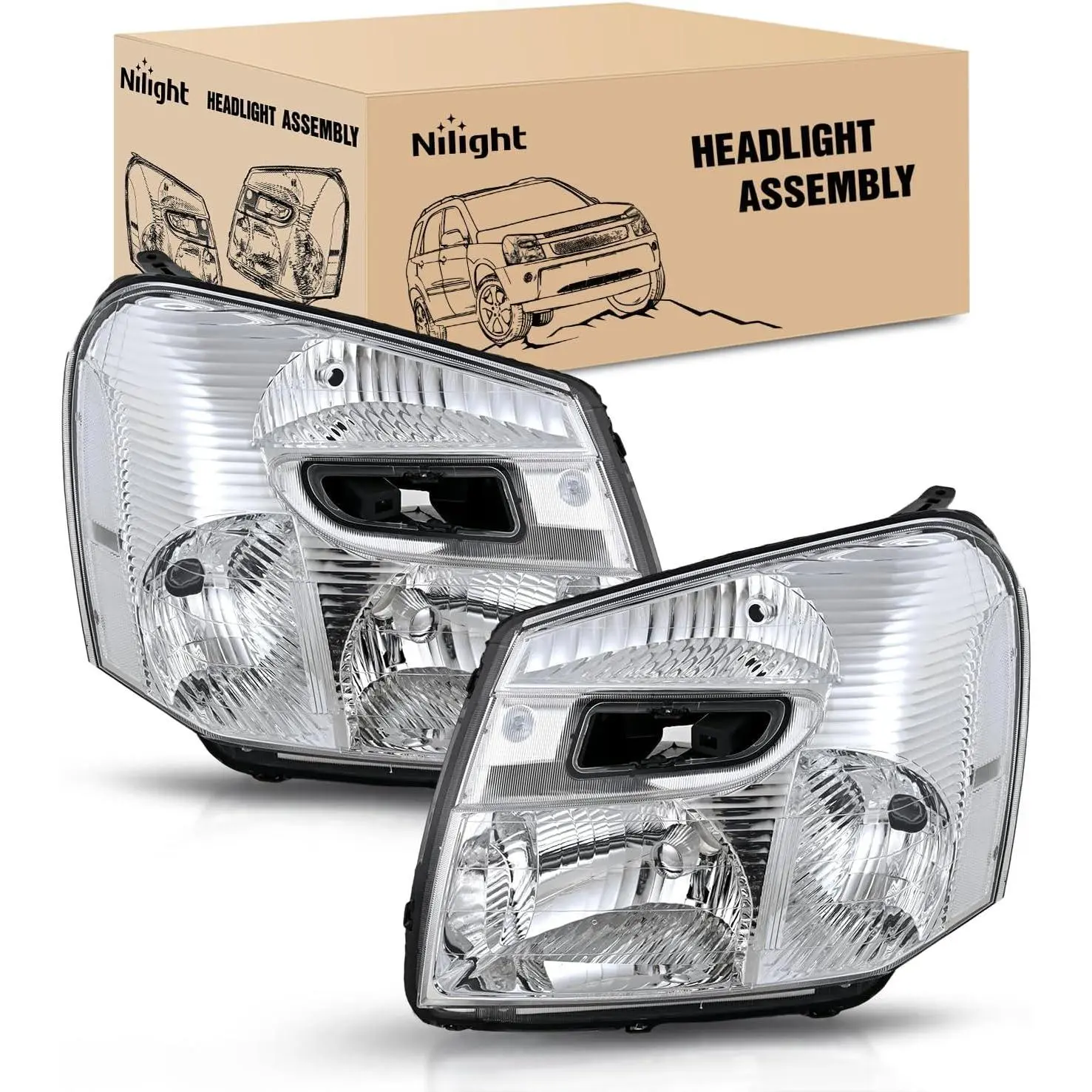 Nilight Headlight Assembly Compatible with 2005 2006 2007 2008 2009 Chevy Equinox SUV OE Style Replacement Headlights Chrome Housing Clear Reflector Headlamp Passenger and Driver Side
