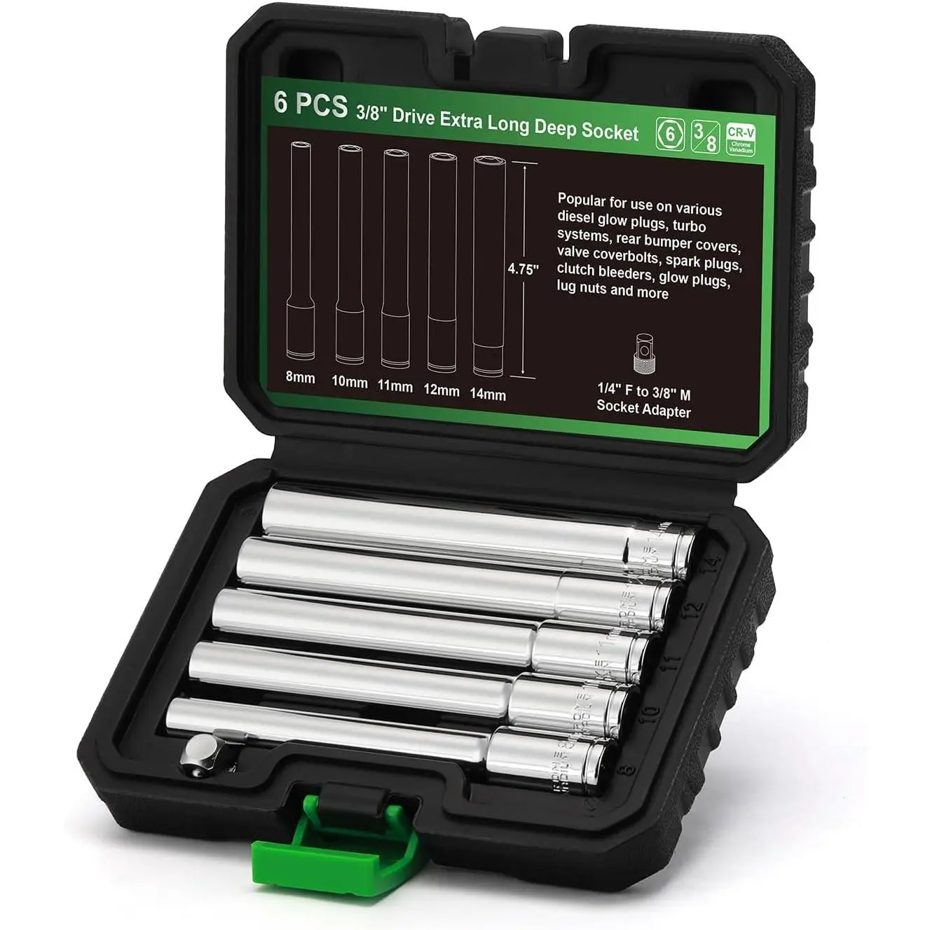 6 count 3/8-Inch Drive Extra Deep Metric Socket Set, 6 Point, 8mm, 10mm, 11mm, 12mm, 14mm, 1/4" F to 3/8" M Socket Adapter, 120MM Deep CR-V Socket for Automotive and Industrial Applications